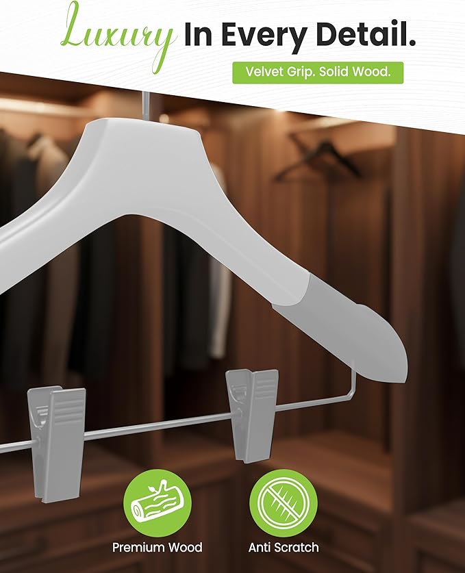 Wooden Hangers with Clips for Women, Solid Wood Skirt & Suit Hangers, Heavy-Duty Adjustable Non-Slip Design with Velvet Grip, White with White Velvet, 30 pcs