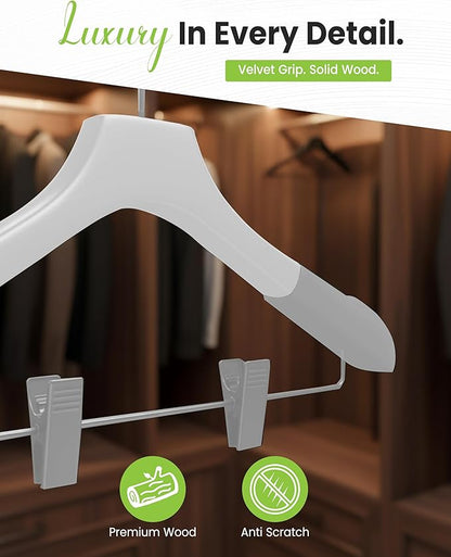 Wooden Hangers with Clips for Women, Solid Wood Skirt & Suit Hangers, Heavy-Duty Adjustable Non-Slip Design with Velvet Grip, White with White Velvet, 6 pcs