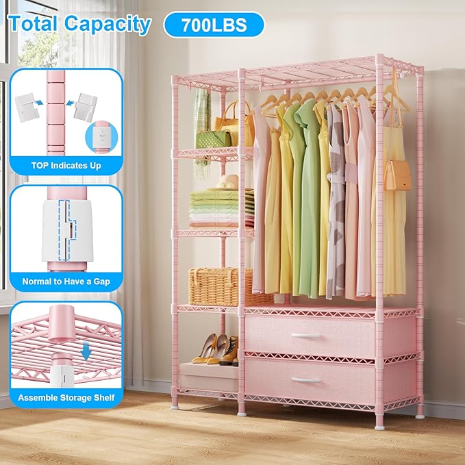 Ulif F3 Heavy Duty Clothes Rack（With Fabric Drawers）Freestanding Clothing Racks for Hanging Clothes，Adjustable Closet Organizer System，Portable Garment Rack 40" W x 15" D x 72" H，Max Load 700LBS，Pink