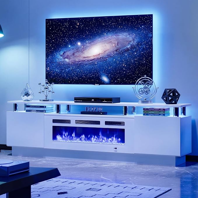 90" TV Stand for Living Room, Large Entertainment Center & Media Console, Fits TVs up to 100", Storage Cabinet with Shelves, 50" Electric Fireplace, All White