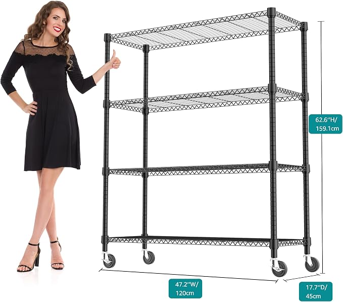 M MZG 1400LBS 47.2" W 4 Tiers Storage Shelves Metal Shelving Unit with Wheels Heavy Duty Garage Shelving Adjustable Wire Shelves for Pantry,Kitchen,Garage,Basement,Black 17.7" D x 47.2" W x 62.7" H