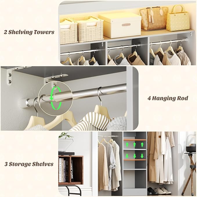 Cyclysio 4FT Small Closet System, 80"H Closet Organizer System with 4 Closets Rods & 3 Shelves, 48" Closets Organizers and Storage for Small Bedrooms, Laundry Rooms, Cloakrooms, Grey