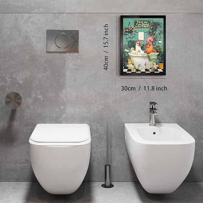 Funny Chicken Bathing And Playing Bathroom Wall Decor-Cute Poultry Farmhouse Decor, Framed Animal Wall Decor For Bathroom Washroom Restroom Decor Rustic Humor Wall Poster (Black Framed) 12x16 Inch