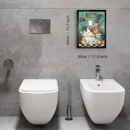 Funny Chicken Bathing And Playing Bathroom Wall Decor-Cute Poultry Farmhouse Decor, Framed Animal Wall Decor For Bathroom Washroom Restroom Decor Rustic Humor Wall Poster (Black Framed) 12x16 Inch