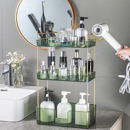 Akinbas 3 Tier Bathroom Organizer Countertop Makeup Perfume Tray Skincare Organizer Comes with Hair Dryer Rack and Toothbrush Holder for Bathroom Dresser Vanity (Green)