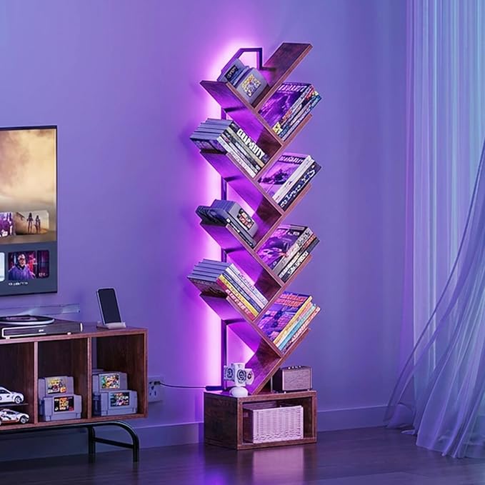Casaottima Tree Bookshelf with LED Lights, 8-Tier Narrow Bookcase for Small Spaces, Tall Steel & Wood Storage Shelf with Cabinet, Home Decor & Organizer for Living Room/Bedroom/Home Office, Vintage