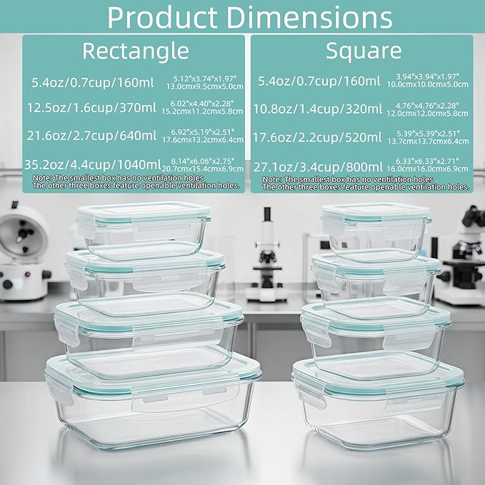 8 Pack Glass Food Storage Containers with Airtight Lids, Glass Sets with Lids, Meal Prep Containers for Microwave, Oven, Freezer and Dishwasher