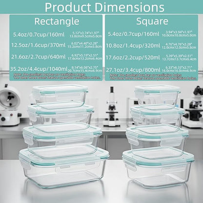 8 Pack Glass Food Storage Containers with Airtight Lids, Glass Sets with Lids, Meal Prep Containers for Microwave, Oven, Freezer and Dishwasher
