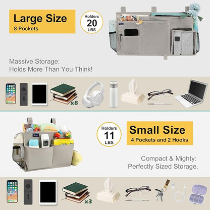 Surblue Bedside Caddy Bunk Bed Storage Organizer Hanging Pockets for College Dorm Rooms, Hospital Beds, Baby Bed Rails, Camping, RV, Small and Large Set, Grey