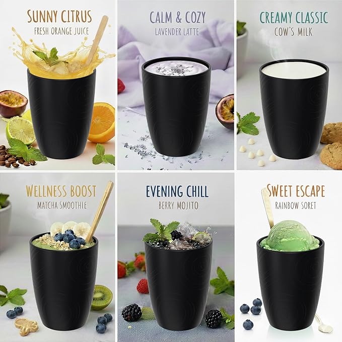 Wheat Straw Drinking Glasses Set of 6, Unbreakable 16 OZ Water Cup with Unique Pattern, Alternative to Plastic Reusable Cups for Kitchen & Outdoor, Dishwasher Safe Cup Set, Black
