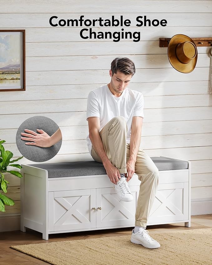 Pipishell 2-Tier Shoe Storage Bench with Cushioned Seat, Entryway Bench with Adjustable Shelf & Barn Doors, 300 lbs Capacity, 43.4" W x 16" D x 18" H, for Entryway, Bedroom, Living Room, White