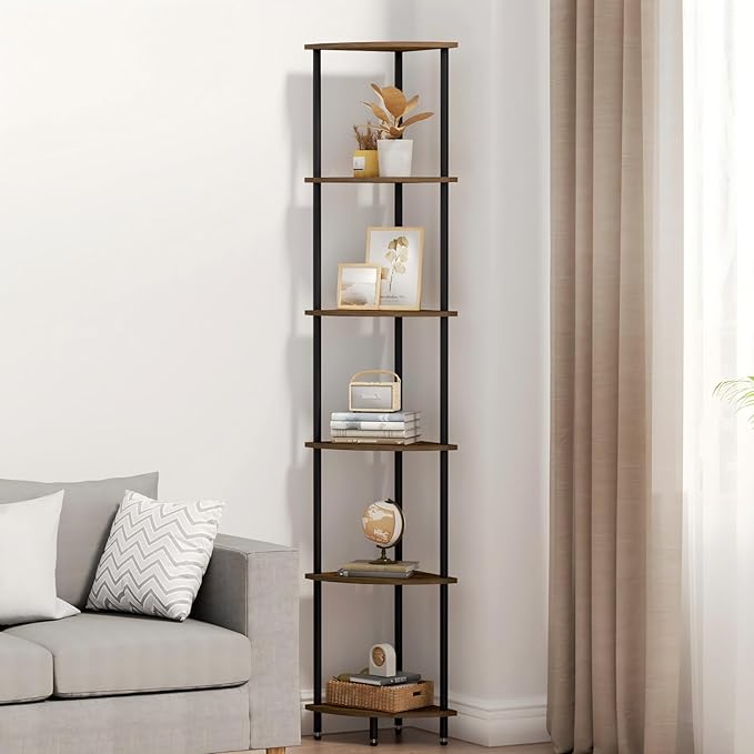 QLSPTFTS 6 Tier Corner Shelf, Bookcase for Small Spaces, Corner Display Shelf, Plant Stand, Rustic Brown and Black,Suitable for Bedroom,Living Room,Kitchen