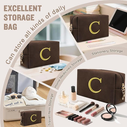 Personalized Initial Makeup Bag,Preppy Suede Cosmetic Bag for Teen Girls,Small Monogram Travel Toiletry Bag With Gold Embroidered Letter,Trendy Stuff Custom Christmas Gift for Women(Coffee-C)