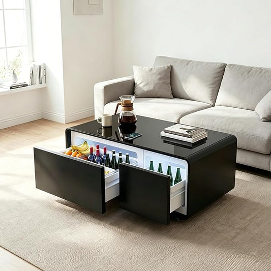 Smart Coffee Table with Fridge and Bluetooth Speakers, Smart Refrigerator Table with 15W Wireless Charger, Touch Control Panel, USB Port, Atmosphere Light and More, LT90 Pro-Black