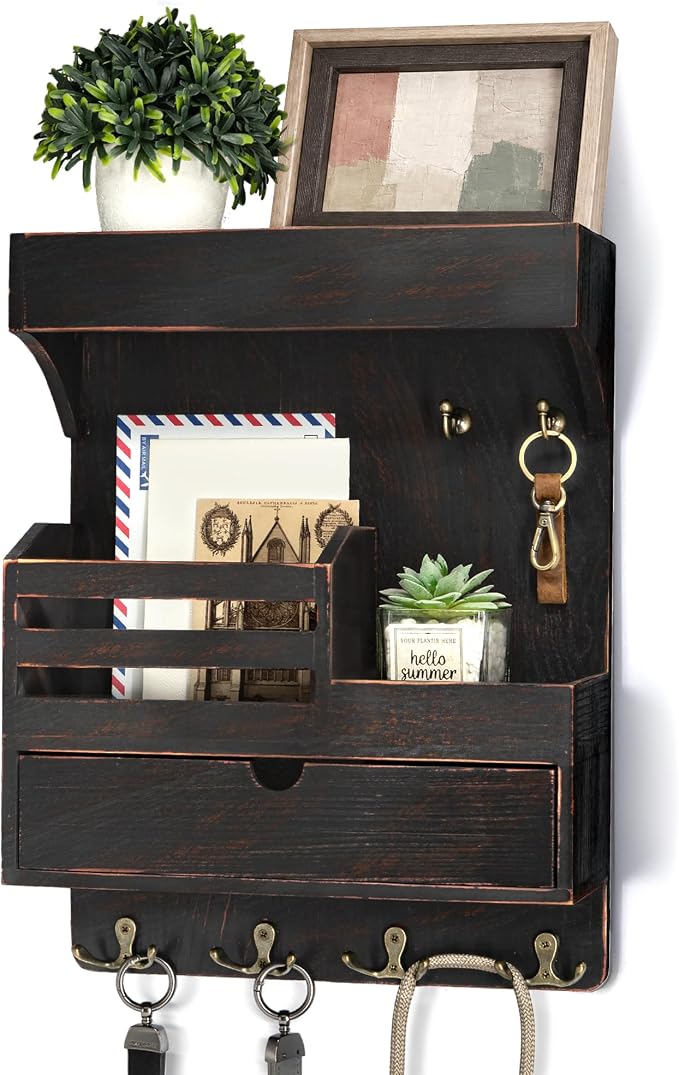 Rebee Vision Pine Wood Key Holder Wall Mount with Drawer Organizer - Farmhouse Key Holder for Wall with 6 Sturdy Hooks & Floating Shelf - Ideal Mail Organizer for Home Decor (Distressed Black)