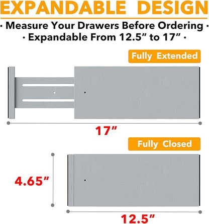 SpaceAid Bamboo Dresser Drawer Dividers 6 Pack, 4.65“ High Adjustable 12.5“-17” Drawer Organizers, Expandable Organization for Clothing, Clothes, Dressers, Gray