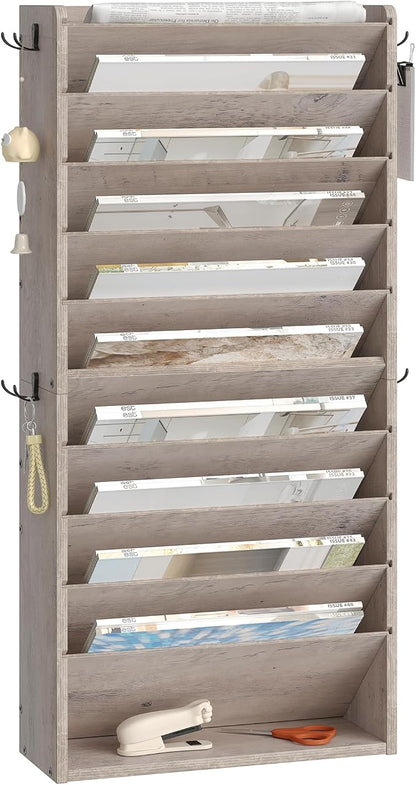 CHOEZON Wall File Organizer, 10-Tier Hanging Mail Organizer, Wall Mount File Holder with 4 Side Hooks, Industrial Mail and Storage Organizer, Wooden Vertical Hanging Holder for Office, Greige MWJ03FH