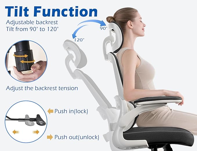 TRALT Ergonomic Office Chair - Desk Chair with Adjustable Headrest Lumbar Support Computer Chair - Mesh Comfy Chair with Flip-up Armrests - Gaming Chairs for Adults Home Office (Leather, Black White)