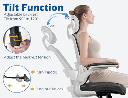 TRALT Ergonomic Office Chair - Desk Chair with Adjustable Headrest Lumbar Support Computer Chair - Mesh Comfy Chair with Flip-up Armrests - Gaming Chairs for Adults Home Office (Leather, Black White)