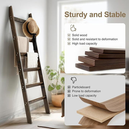 TEAKMAMA 6-Tier Blanket Ladder for Living Room and Bedroom,5.4 Ft Wall Leaning Quilt Rack with Hooks,Rustic Decorative Farmhouse Blanket Storage,Ladder Holder,Christmas Decorations,Rustic Brown