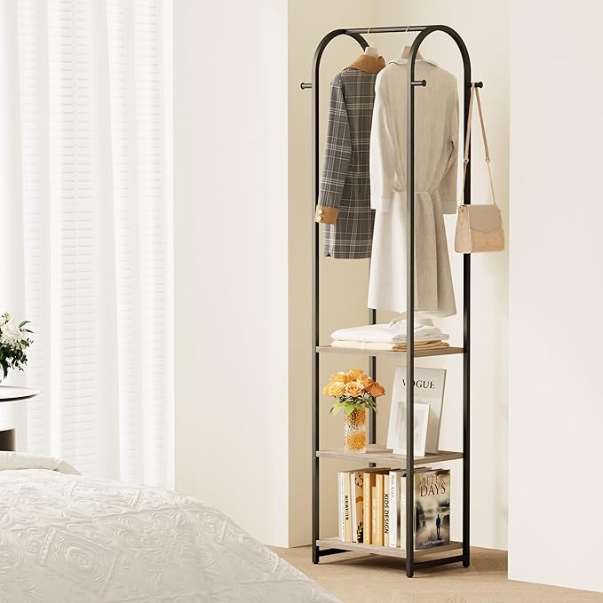 Garment Rack, Coat Rack With 3 Shelves and 4 Hooks, 71" H Clothes Stand For Hanging Clothes, Hanging Rod For for Bedroom, Hallway, Entryway, Office, Living Room, Greige and Black