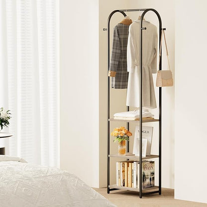 Garment Rack, Coat Rack With 3 Shelves and 4 Hooks, 71" H Clothes Stand For Hanging Clothes, Hanging Rod For for Bedroom, Hallway, Entryway, Office, Living Room, Greige and Black