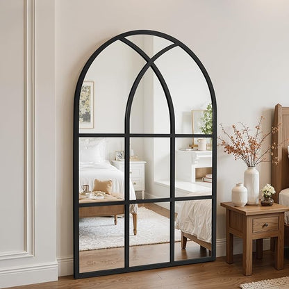 Arched Window pane Wall Mirror 30"x40", Window Shaped Farmhouse Style with Aluminum Frame, Decorative Wall Mirror Leaning Hanging for Living Room, Courtyard, Bedroom, Entryway, Black