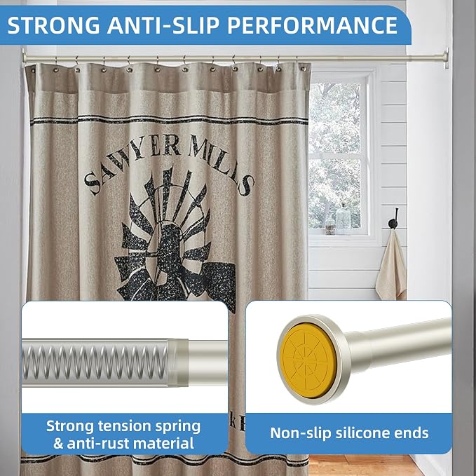CorkLatta Nickel Shower Curtain Rod,1 Inch Diameter Stainless Steel Adjustable Spring Tension Rods 32 to 80",with Holders,Anti-Slip,Curtain Rods No Drilling(1 Pack)