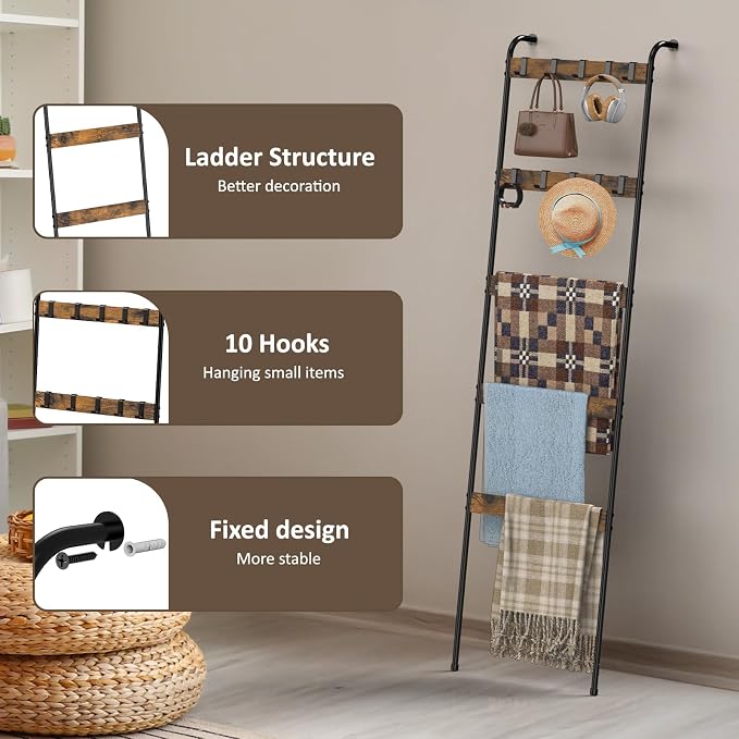 Blanket Ladders for the Living Room 5 Tier Towel Ladder for Bathroom with 10 Removable Hooks Wall Leaning Quilt Rack for Bedroom Display Rustic Farmhouse Home Decor, Rustic Brown