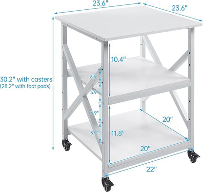 Fannova Large Printer Stand with Height Adjustable Storage Shelf, 23.6 x 23.6 Inches Square Printer Table with Industrial Wheels, Multi-use 3 Tier Rolling Printer Cart for Home Office - White