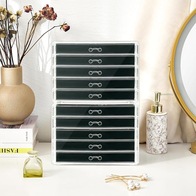 ProCase Earring Holder Organizer Jewelry Box with 10 Drawers, Acrylic Clear Earring Case with Adjustable Velvet Trays for Women - Emerald,10 Layers