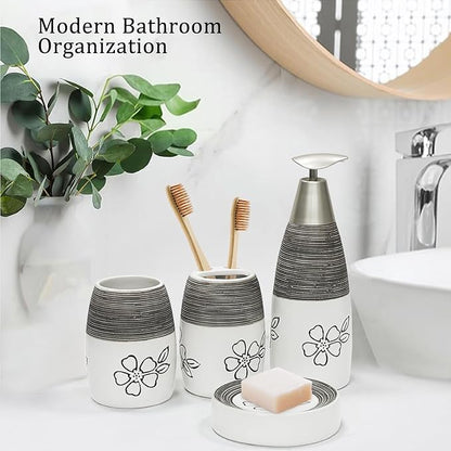 CERBIOR Bathroom Accessories Set,4 Pcs Ceramic Bathroom Decor Accessory,Includes Toothbrush Holder, Toothbrush Cup, Soap Dish for Decorative Countertop and Housewarming Gift, (White Flower)