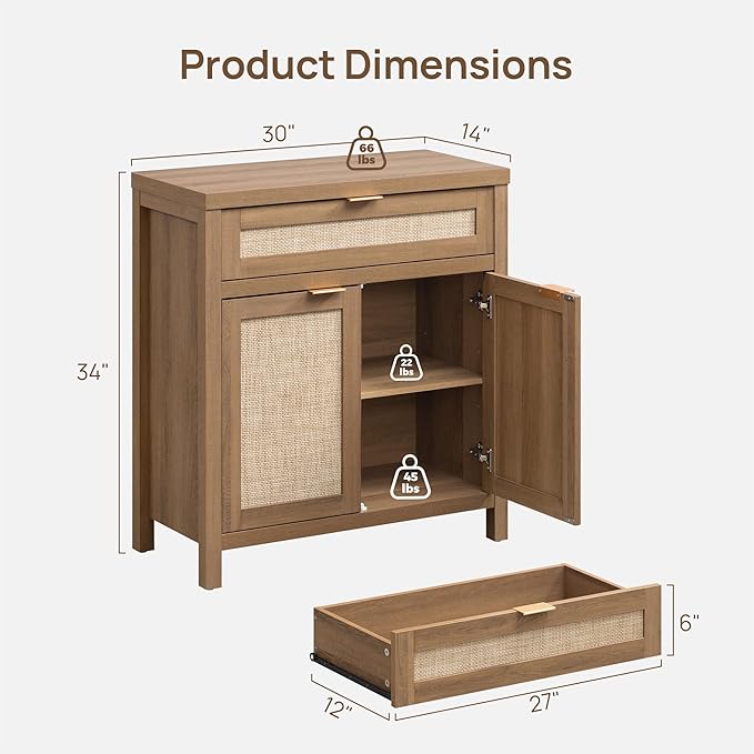 SICOTAS Sideboard Buffet Cabinet Set of 2, Rattan Credenza Storage Cabinet, Boho Buffet Table Console Cabinets with Drawer, Farmhouse Coffee Bar for Entryway Living Room, Natural Oak