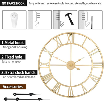 1st owned Large Wall Clock Silent Non-Ticking Roman Numerals Vintage Battery Operated (24 inch,18inch,16inch) Farmhouse Wall Clock for Living Room, Bedroom, Kitchen, Cafe Decor-Gold 40CM
