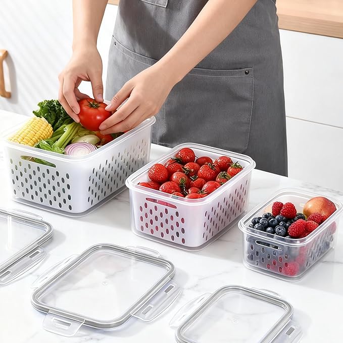 Fresh Produce Storage Containers for Fridge, 3 Pack Fruit Vegetable Keeper with Drain Basket & Airtight Lid, BPA Free Fridge Organizer Bins for Berries, Salad, Meal Prep, 28oz 60oz 111oz