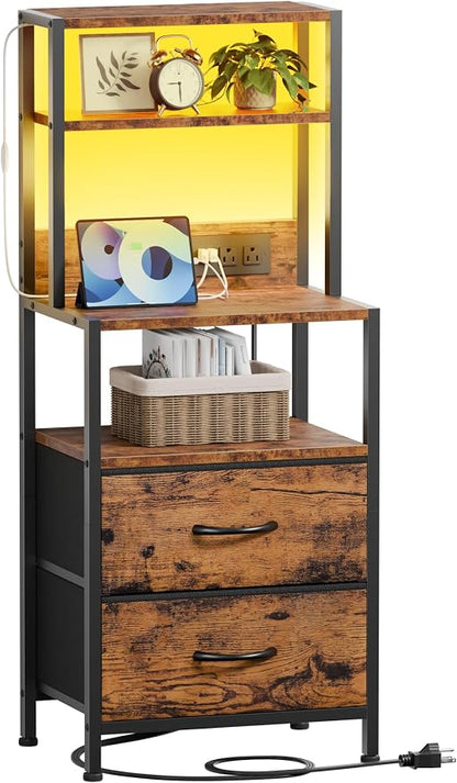Furnulem Night Stand, Tall Nightstand with 4-Tier Shelves, 2 Fabric Drawers and LED Lights, Bed Side Tables with Charging Station, Bedside Table for Bedroom, Office, Rustic Brown