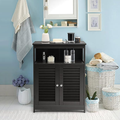 Tangkula Bathroom Floor Cabinet, Wooden Freestanding Storage Cabinet with Double Shutter Door & Adjustable Shelf, Storage Cabinet for Bathroom Living Room (Black)