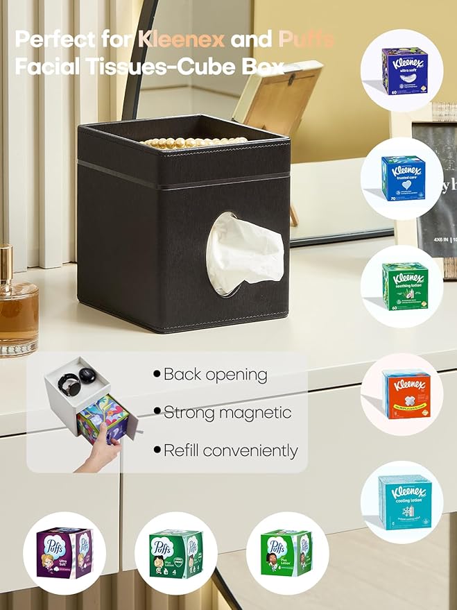 Cloudever Tissue Box Holder Cover, Modern PU Leather Square Decorative Tissue Holder Organizer-Woven New Off White