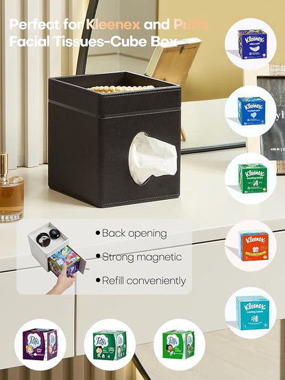Cloudever Tissue Box Holder Cover, Modern PU Leather Square Decorative Tissue Holder Organizer-Woven New Off White