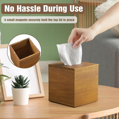 Dreamkey Acacia Wood Tissue Box Cover, Square Tissue Box Holder with Removable Top Lid, Solid Wooden Tissue Box Dispenser for Bathroom, Bedroom, Office