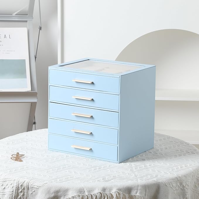 Frebeauty Clear Lid Jewelry Box,5-Layer Jewelry Organizer with Drawer,PU Leather Jewelry Organizers and Storage,Jewelry Boxes for Women,Jewelry Storage for Rings Earring Stud,Gift for Women(Sky Blue)