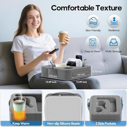 Couch Cup Holder Pillow, Sofa and Bed Caddy for iPad, Kindle, Switch, Game Controller, Remotes, Phones, Small-Sized Cup & Drink Holder for Couch, Bed, Desk, Car, Beach, Bathroom Cup Holder, Deep Gray