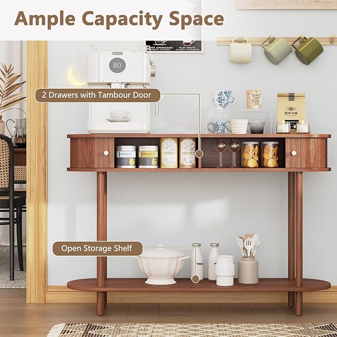 ARTPOWER Modern Entryway Table with Wood Tambour Door, Accent Behind Couch Sofa Console with Storage, Fluted Side Table for Hallway, Living Room, Foyer, Brown