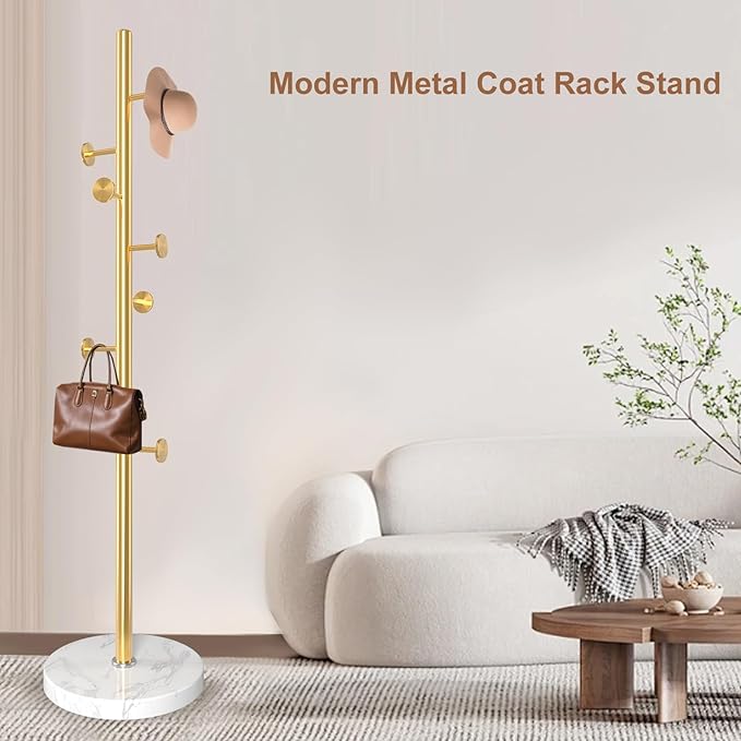 Modern Metal Coat Rack Stand, Coat Rack Freestanding with Natural Marble Base, Sturdy Heavy Duty Coat Racks with 8 Hooks, Golden Coat Hall Tree Stand for Entryway, Office