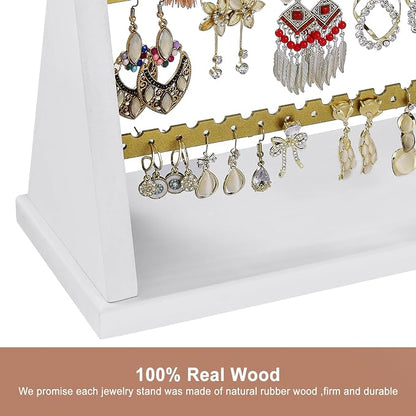 Poyilooo Earring Organizer Stand, Rustic Wood Earring Holder Rack, 5 Layer Jewelry Holder Organizer with 270 Earring Tree Holes Display for Stud Earings & Hoop Earrings, Gifts for Women (White&gold)