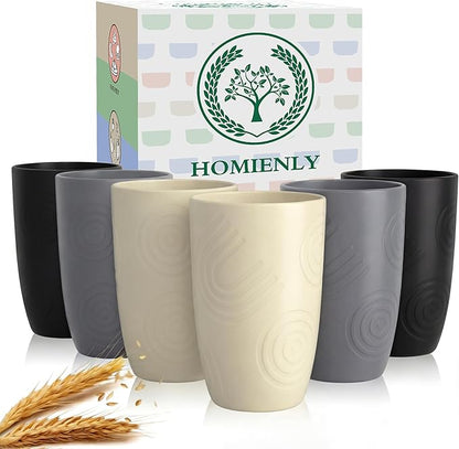Homienly Premium Wheat Straw Cups Set of 6, Reusable 16oz Water Glasses Lightweight and Unbreakable Drinking Cups,Alternative Plastic Cup Dishwasher Safe Cups for Home and Outdoor - GreyStone