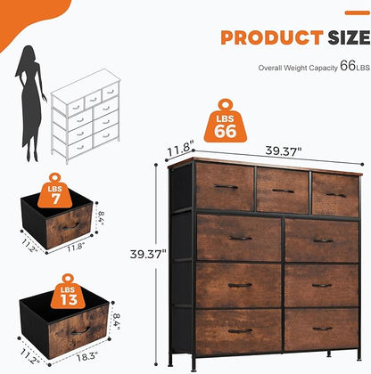 Sweetcrispy 9-Drawer Fabric Dresser Storage Tower with Wood Top and Steel Frame, Organizer Chest with Easy Pull Handles for Bedroom, Closet, Hallway,Distressed Brown