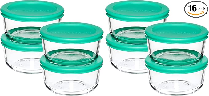Anchor Hocking 2 Cup Glass Storage Containers with Lids, Set of 4 Glass Food Storage Containers with Mint SnugFit Lids (Pack of 2)