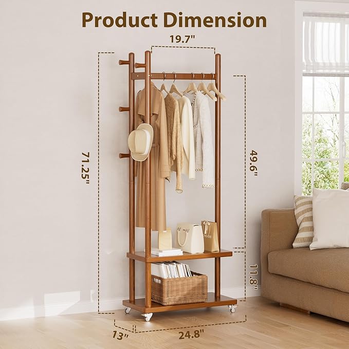 Coat Rack Freestanding Clothing Rack with Wheels, Coat Tree Freestanding Heavy Duty with 2 Storage Shelves and 5 Hooks, Wood Garment Rack for Corner Bedroom Hallway Entryway Living Room Hotel