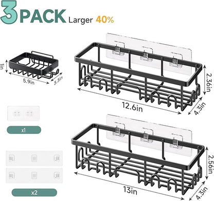 Veken Shower Caddy 3-Pack, Advanced Rustproof Design, No Drilling Adhesive Shelves, Rack with Soap Holder, Large Capacity Bathroom Organizers and Storage, Wall-Mounted Kitchen & Home Decor, Black